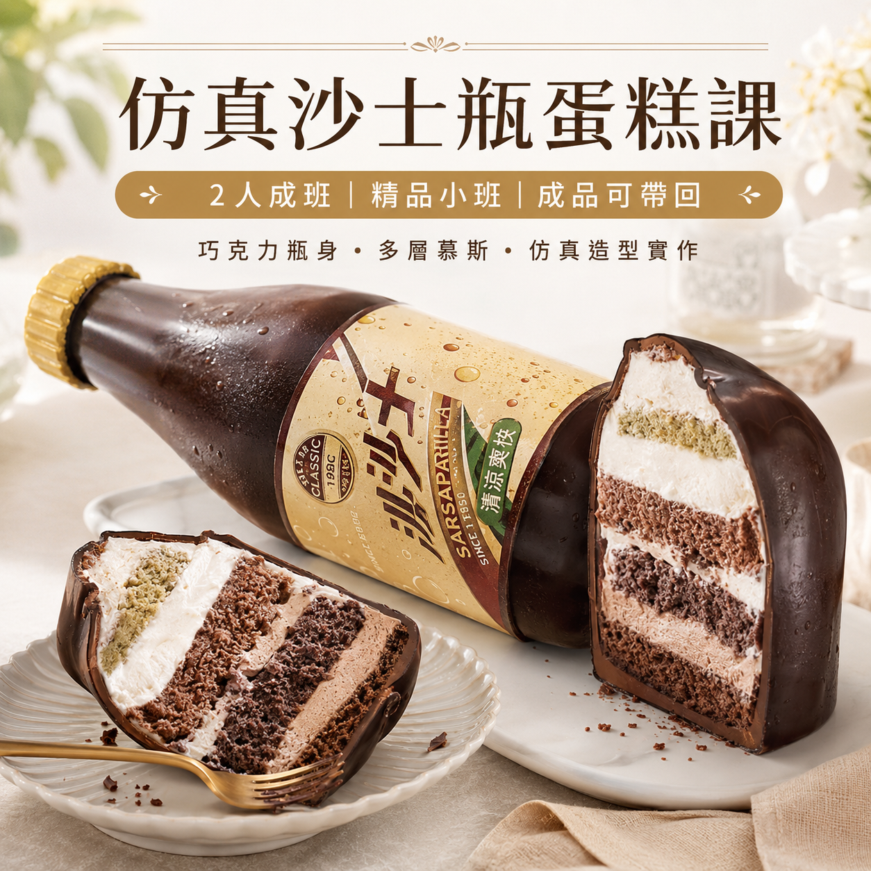 仿真沙士瓶蛋糕｜3D巧克力外殼與多層慕斯實作課