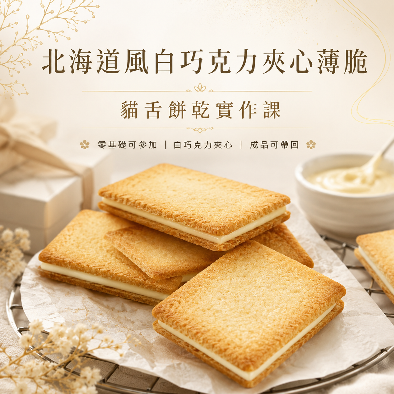 北海道風白巧克力夾心薄脆｜貓舌餅乾實作課