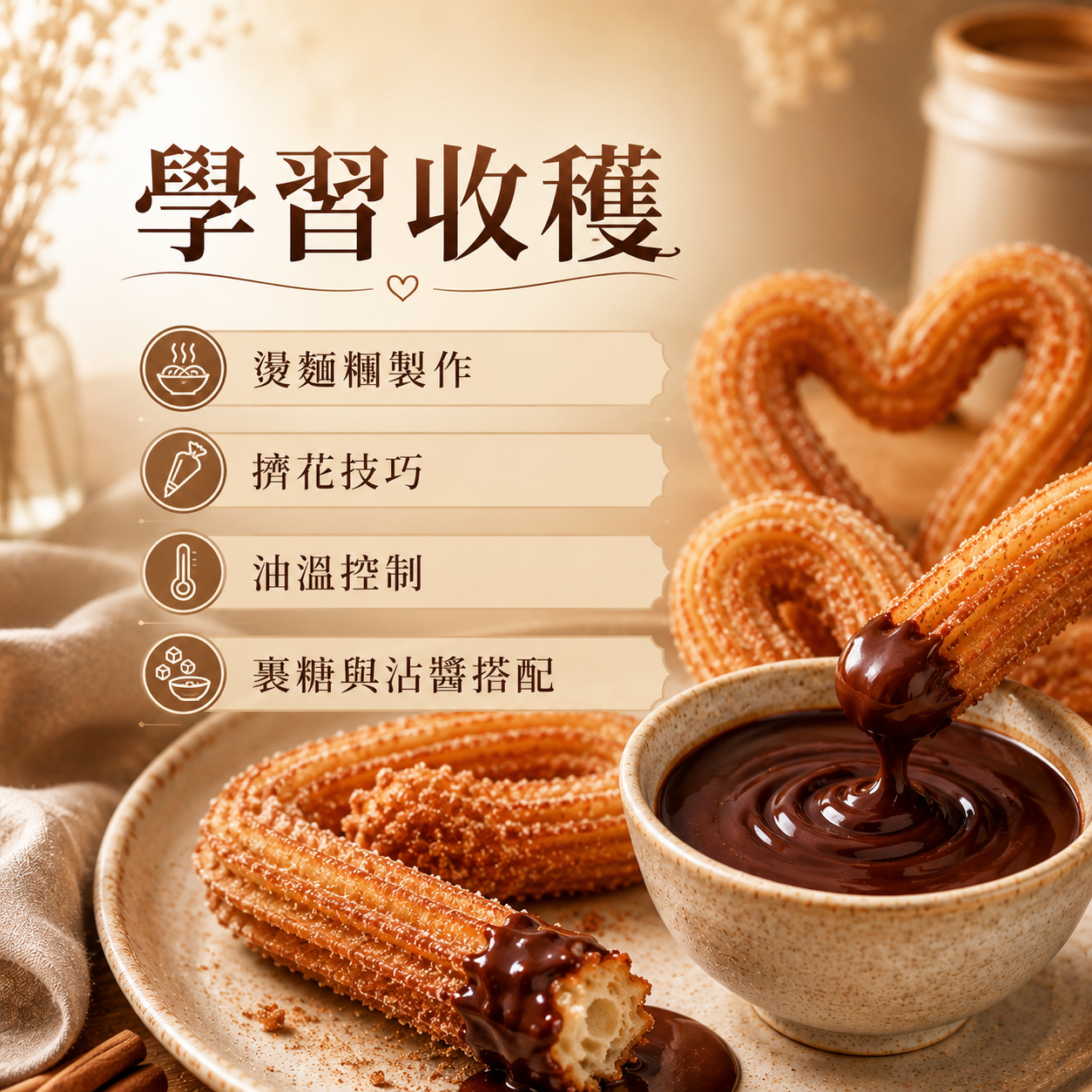 西班牙愛心吉拿棒｜燙麵糰、擠花與油溫控制實作課