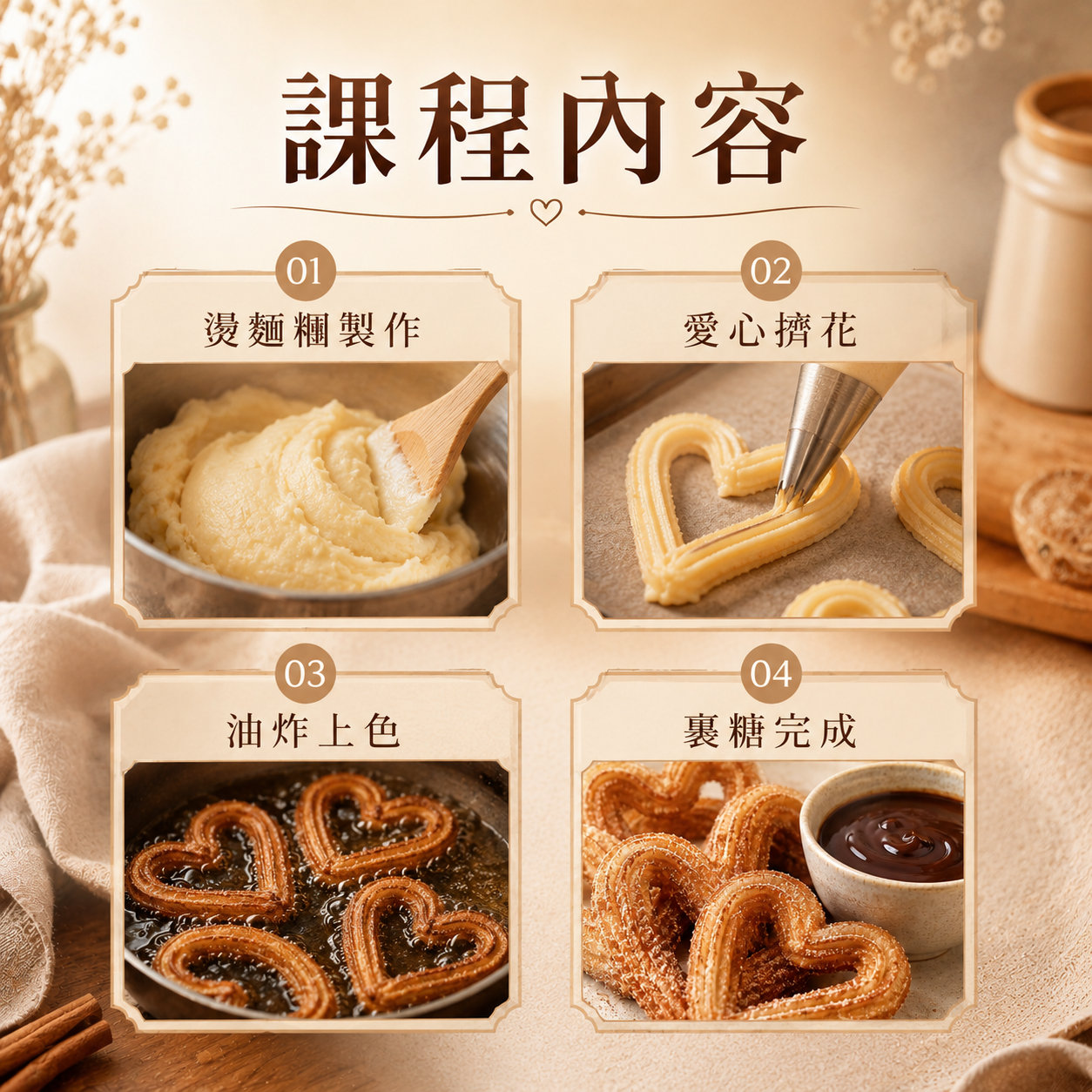 西班牙愛心吉拿棒｜燙麵糰、擠花與油溫控制實作課