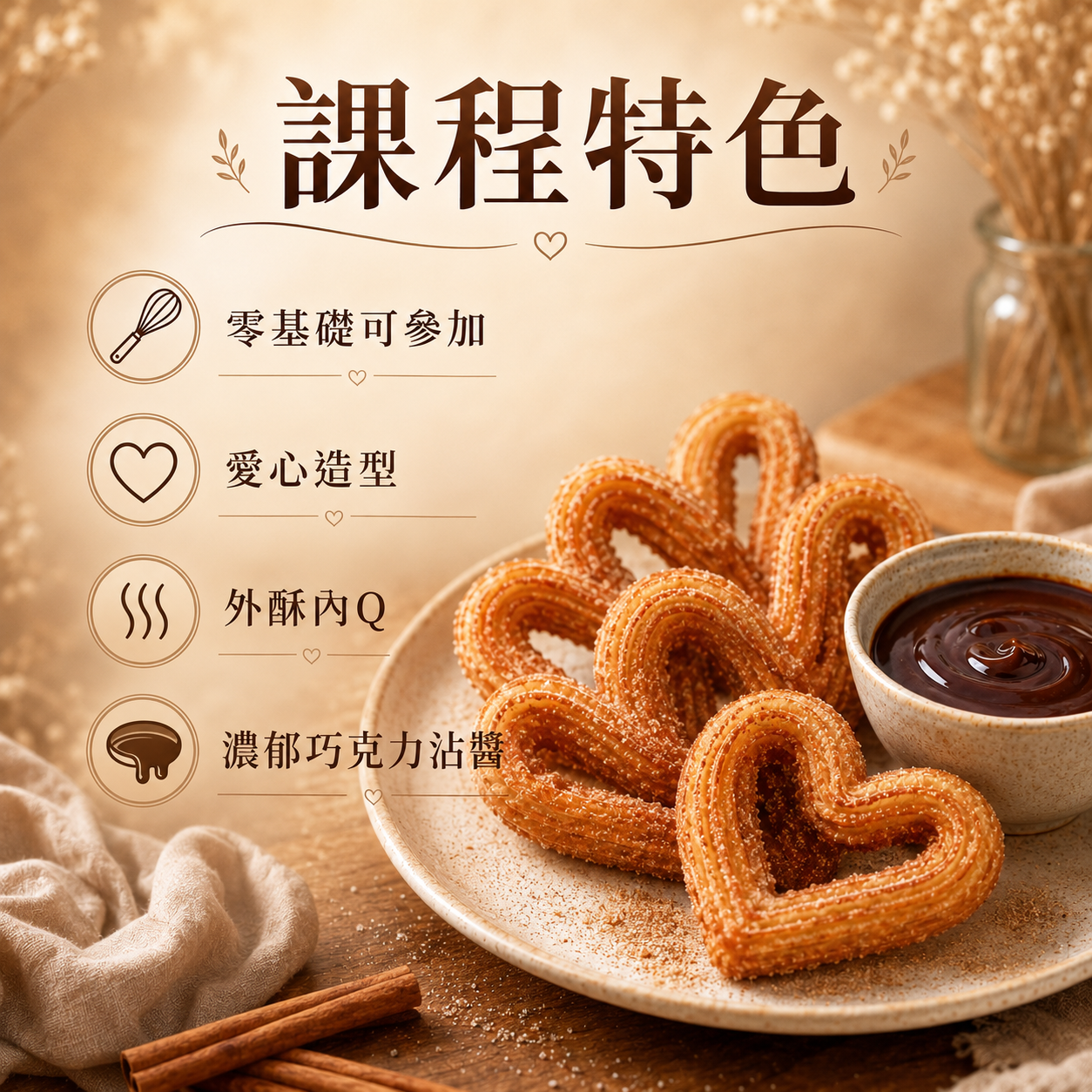 西班牙愛心吉拿棒｜燙麵糰、擠花與油溫控制實作課