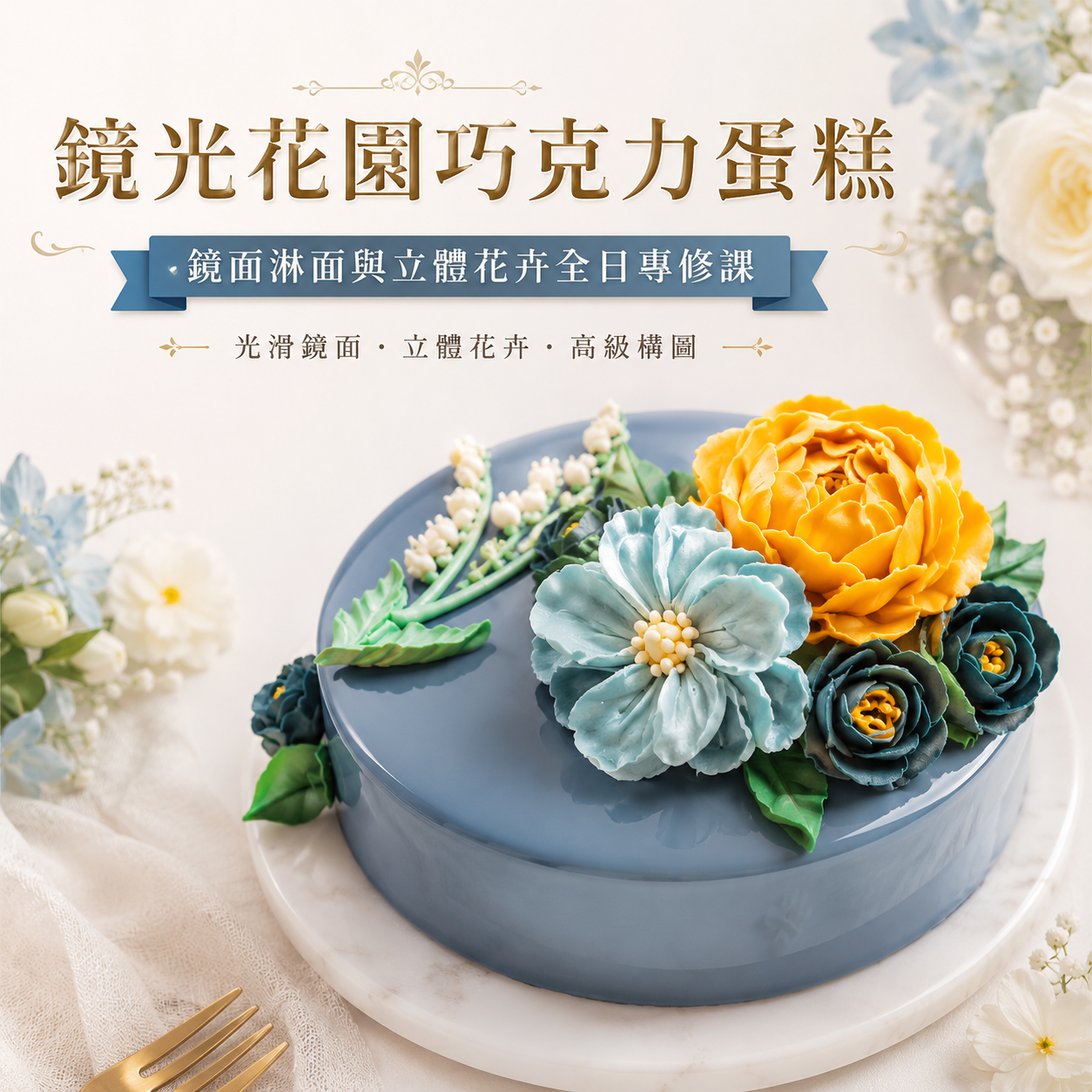 鏡光花園巧克力蛋糕｜鏡面淋面與立體花卉全日專修課