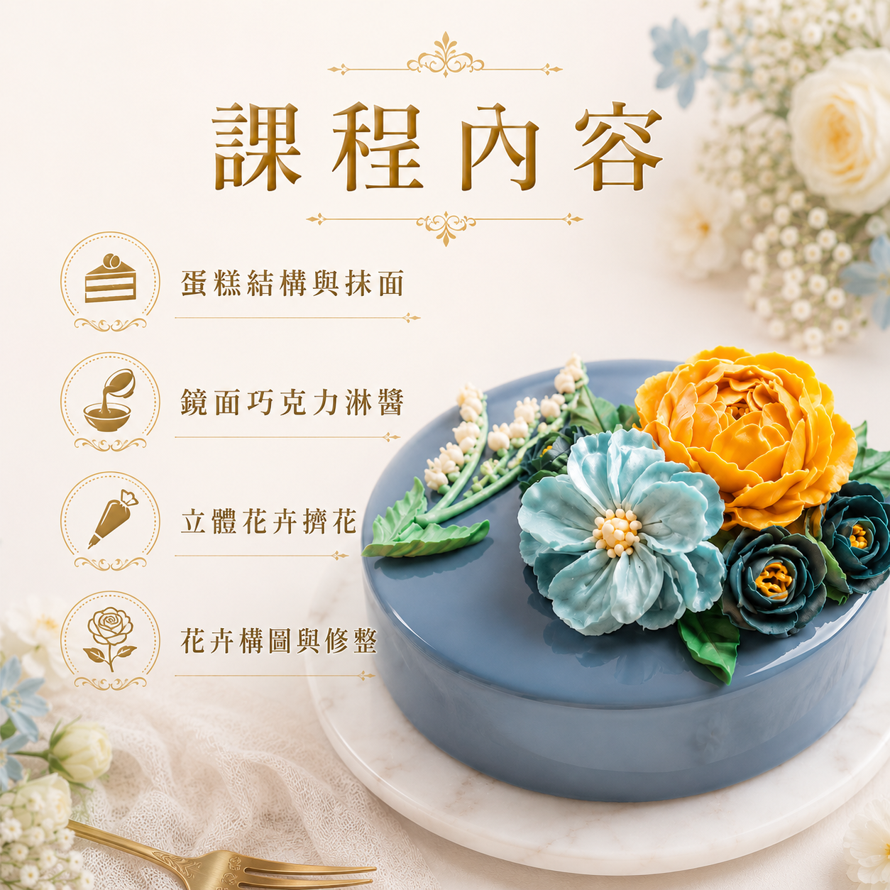 鏡光花園巧克力蛋糕|鏡面淋面與立體花卉全日專修課